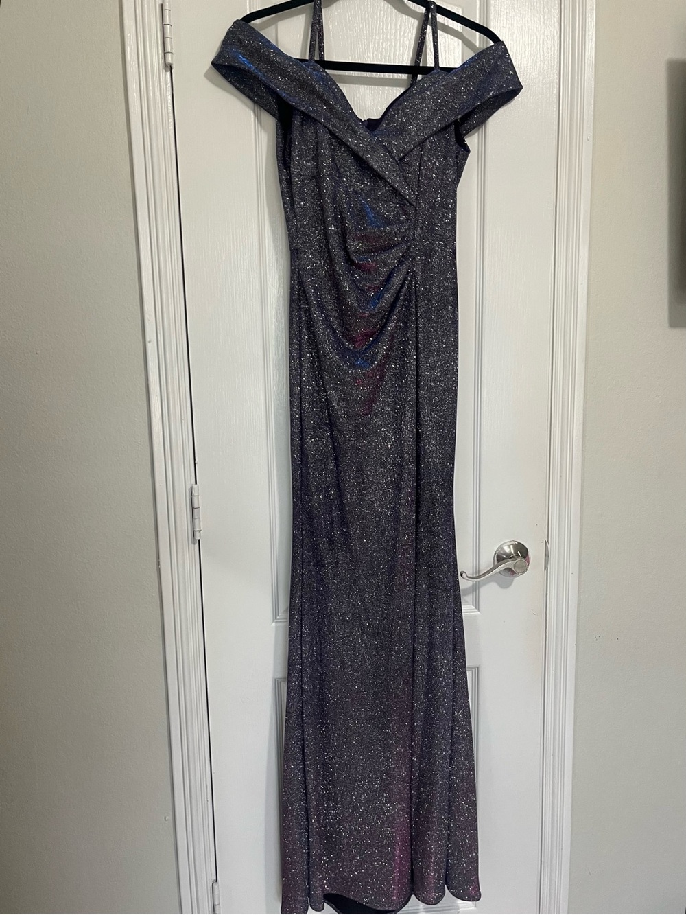 Glamorous Off-Shoulder Sparkle Maxi Dress in Dark Blue
